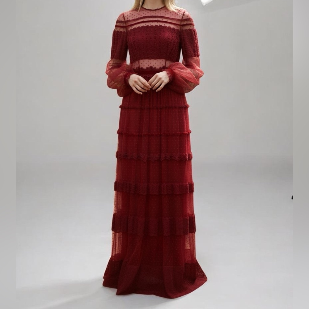 Costarellos Evening Gown Red Lace Pattern Elegant Burgundy Lace Maxi Dress 8